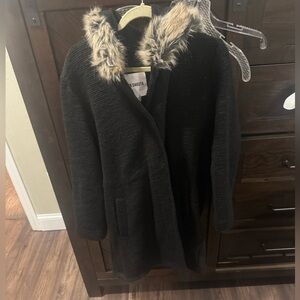 BB Dakota Long Sweater Jacket w faux fur hood- M